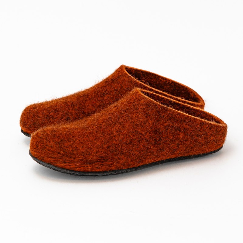 Dark orange Lahtiset rubber-soled slippers made from 100% wool, handcrafted indoor slippers with rubber sole