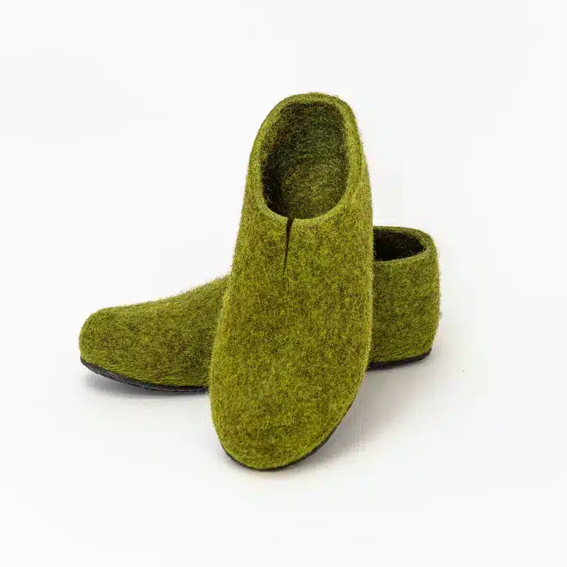 Moss green Lahtiset felt slippers photographed from above